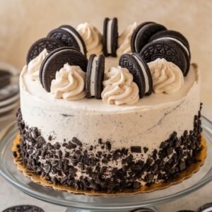 Classic cookie cream cake topped with smooth cookies
